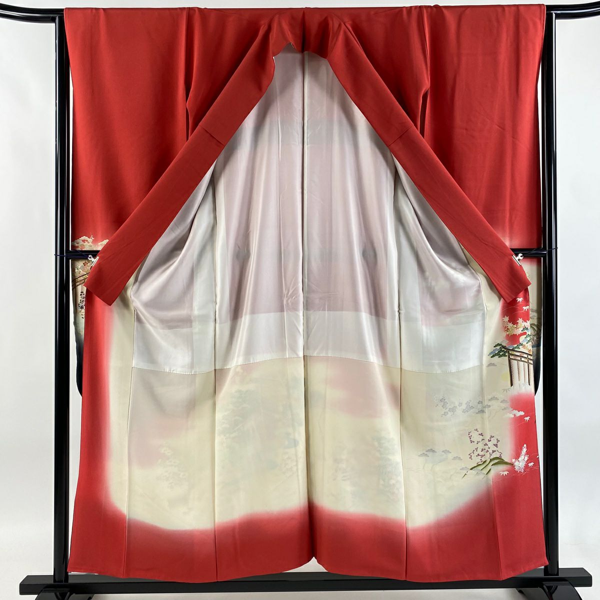 【美品】振袖禮服 身長154.5cm 袖長63.5cm S 雙層 風景 建物 金銀彩 漸層 紅 純蠶絲 優品級