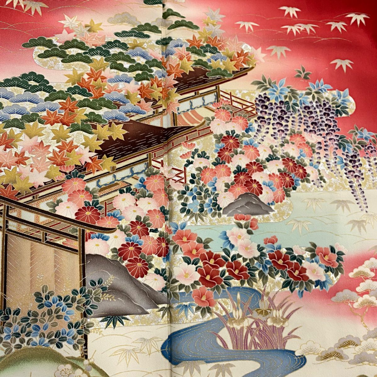 【美品】振袖禮服 身長154.5cm 袖長63.5cm S 雙層 風景 建物 金銀彩 漸層 紅 純蠶絲 優品級