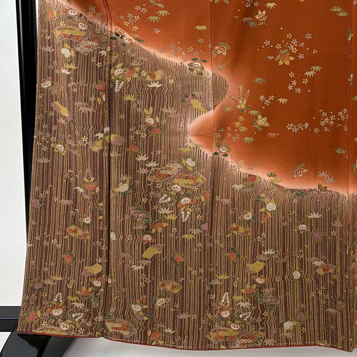 付下 身長163cm 袖長65cm M 雙層 扇子面 橘 金銀彩 漸層 紅茶 純蠶絲 優品級