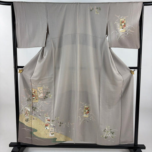 訪問服 身長154cm 袖長64.5cm M 雙層 短冊 草花紋紋 金絲 金銀彩 薄小豆 純蠶絲 秀品級 一つ紋
