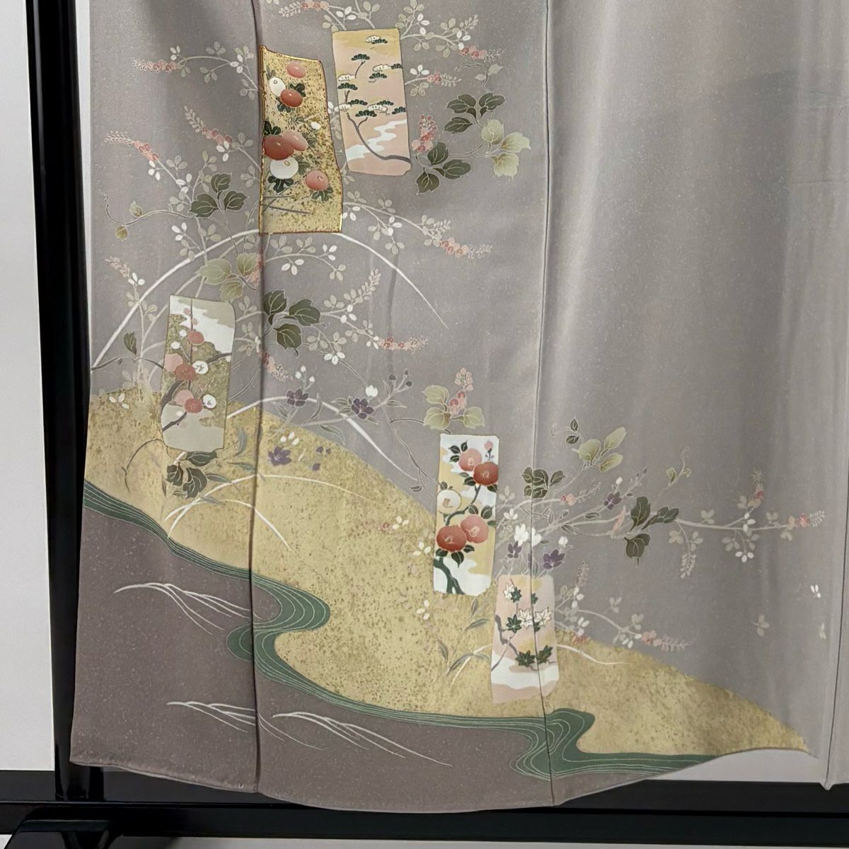 訪問服 身長154cm 袖長64.5cm M 雙層 短冊 草花紋紋 金絲 金銀彩 薄小豆 純蠶絲 秀品級 一つ紋
