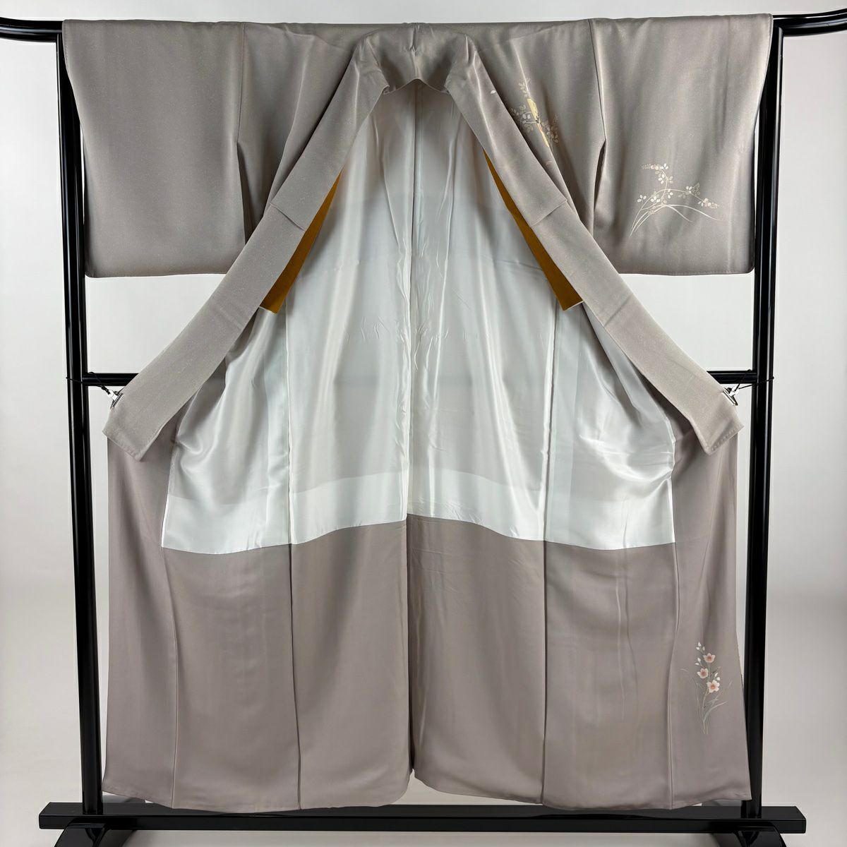 訪問服 身長154cm 袖長64.5cm M 雙層 短冊 草花紋紋 金絲 金銀彩 薄小豆 純蠶絲 秀品級 一つ紋