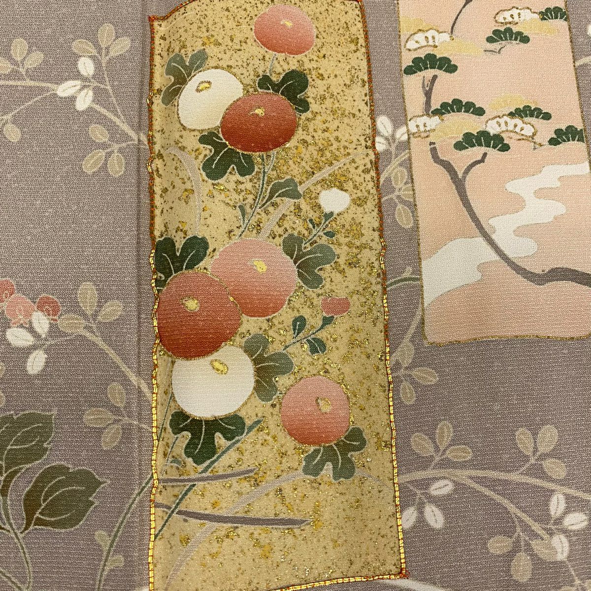 訪問服 身長154cm 袖長64.5cm M 雙層 短冊 草花紋紋 金絲 金銀彩 薄小豆 純蠶絲 秀品級 一つ紋