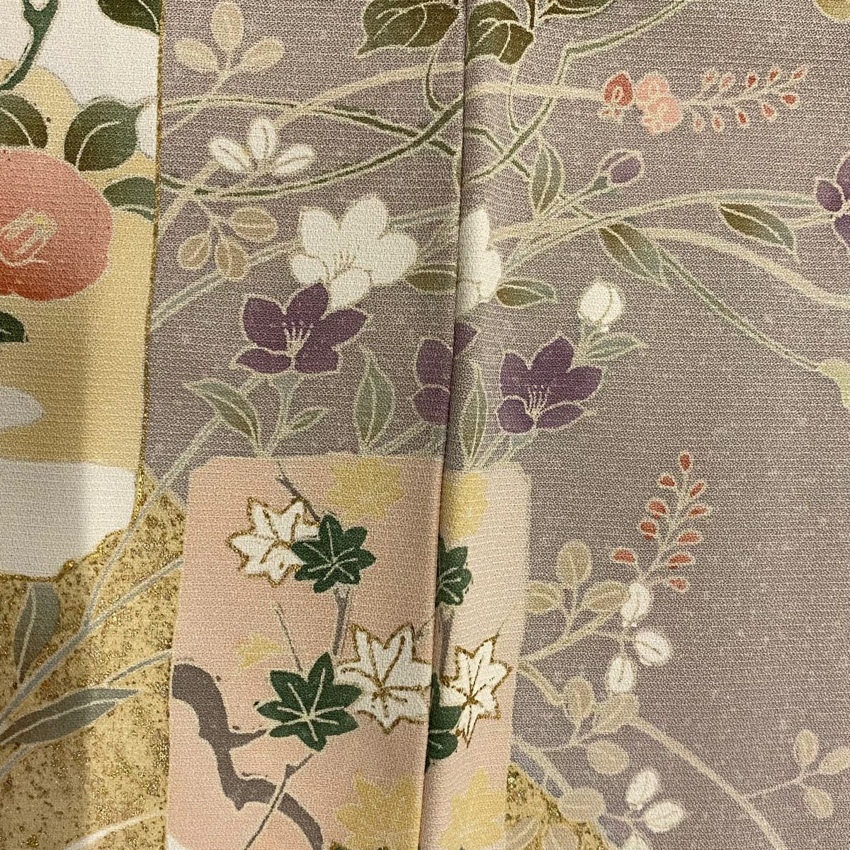 訪問服 身長154cm 袖長64.5cm M 雙層 短冊 草花紋紋 金絲 金銀彩 薄小豆 純蠶絲 秀品級 一つ紋