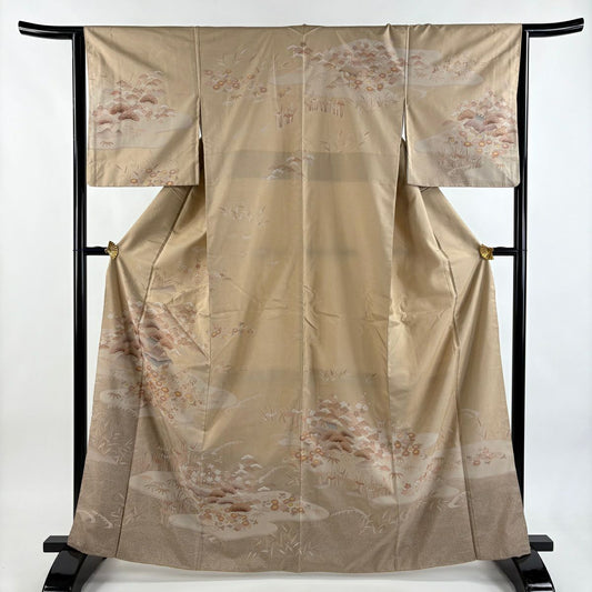 訪問服 身長164.5cm 袖長64.5cm M 雙層 紬織織 松樹竹子梅花 家屋 薄茶 純蠶絲 秀品級 一個紋