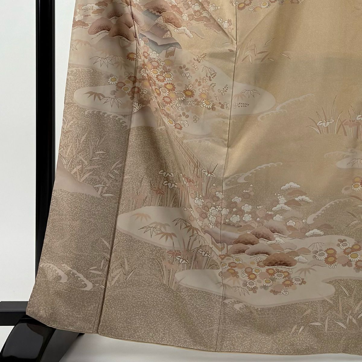 訪問服 身長164.5cm 袖長64.5cm M 雙層 紬織織 松樹竹子梅花 家屋 薄茶 純蠶絲 秀品級 一個紋
