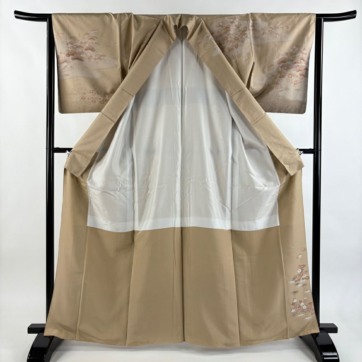 訪問服 身長164.5cm 袖長64.5cm M 雙層 紬織織 松樹竹子梅花 家屋 薄茶 純蠶絲 秀品級 一個紋