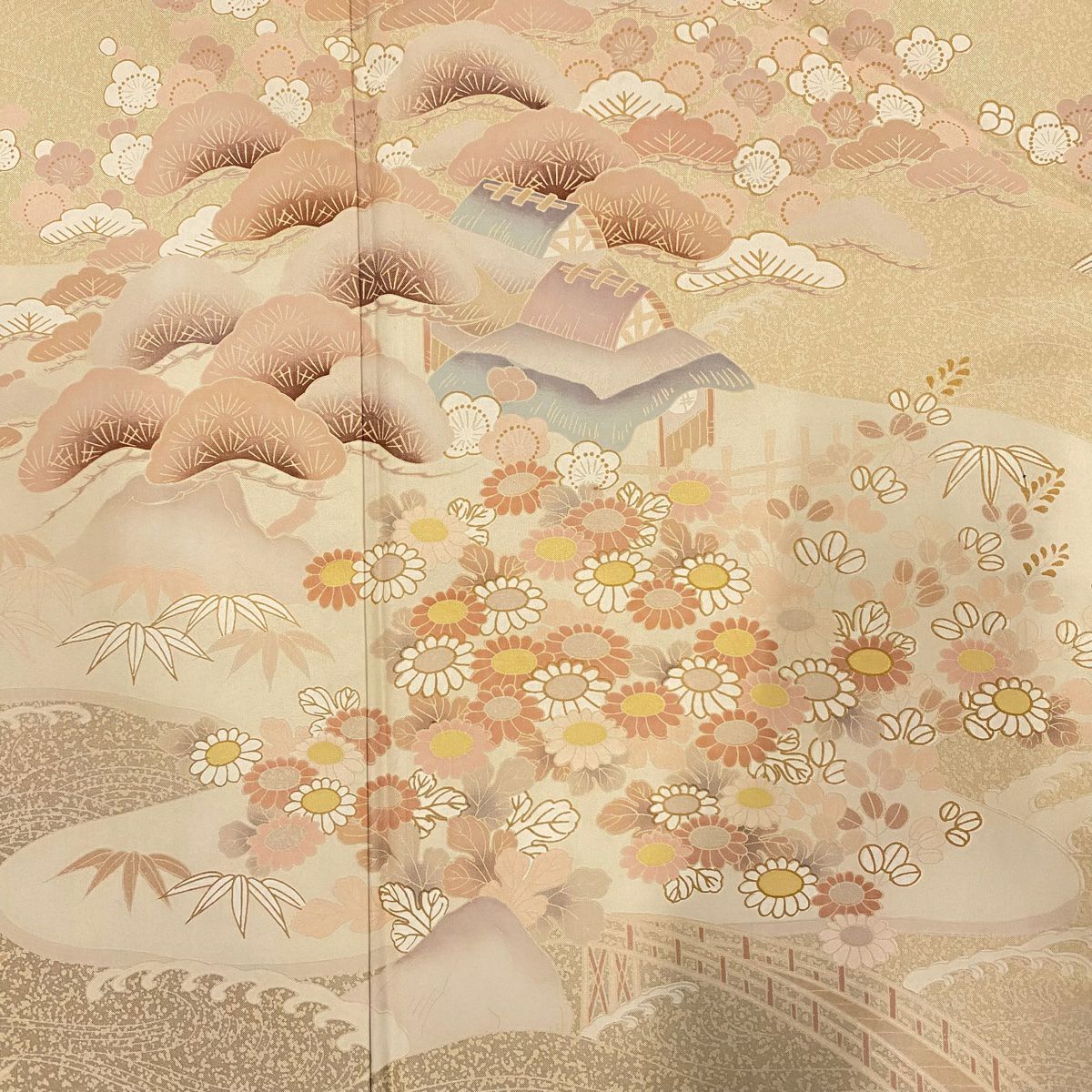 訪問服 身長164.5cm 袖長64.5cm M 雙層 紬織織 松樹竹子梅花 家屋 薄茶 純蠶絲 秀品級 一個紋