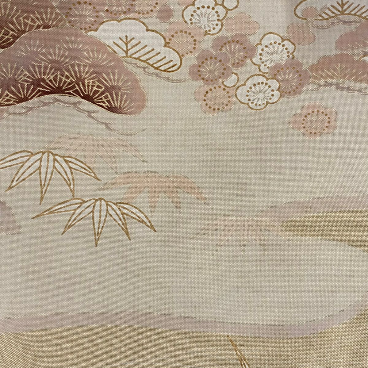 訪問服 身長164.5cm 袖長64.5cm M 雙層 紬織織 松樹竹子梅花 家屋 薄茶 純蠶絲 秀品級 一個紋