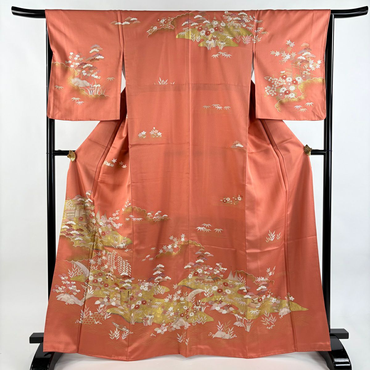 訪問服 身長166.5cm 袖長66.5cm M 雙層 松樹竹子梅花 橋 金絲 金銀彩 鮭粉色 純蠶絲 秀品級