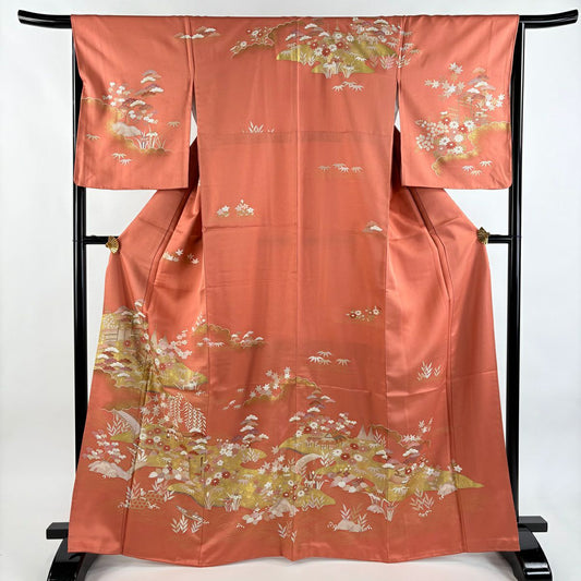 訪問服 身長166.5cm 袖長66.5cm M 雙層 松樹竹子梅花 橋 金絲 金銀彩 鮭粉色 純蠶絲 秀品級