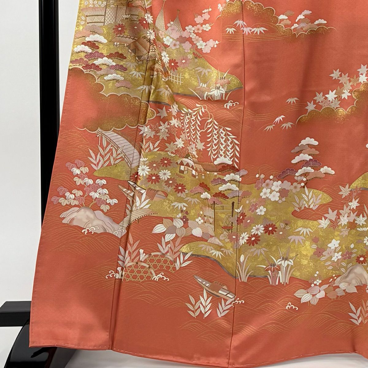 訪問服 身長166.5cm 袖長66.5cm M 雙層 松樹竹子梅花 橋 金絲 金銀彩 鮭粉色 純蠶絲 秀品級