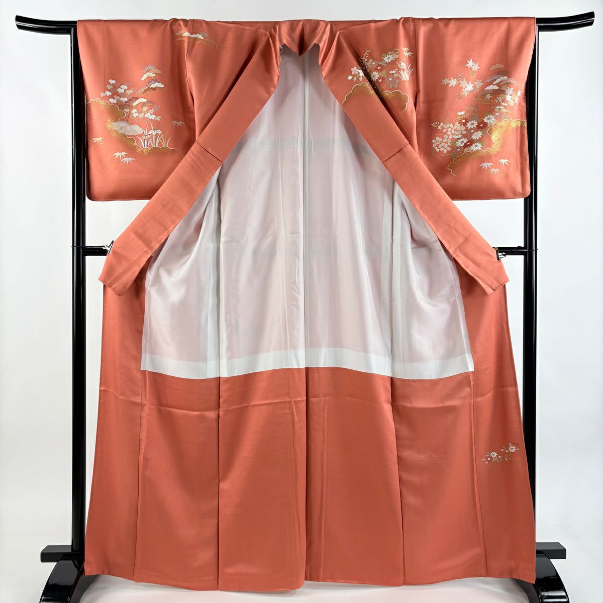 訪問服 身長166.5cm 袖長66.5cm M 雙層 松樹竹子梅花 橋 金絲 金銀彩 鮭粉色 純蠶絲 秀品級