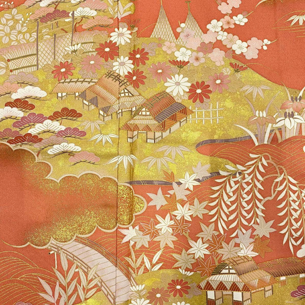 訪問服 身長166.5cm 袖長66.5cm M 雙層 松樹竹子梅花 橋 金絲 金銀彩 鮭粉色 純蠶絲 秀品級