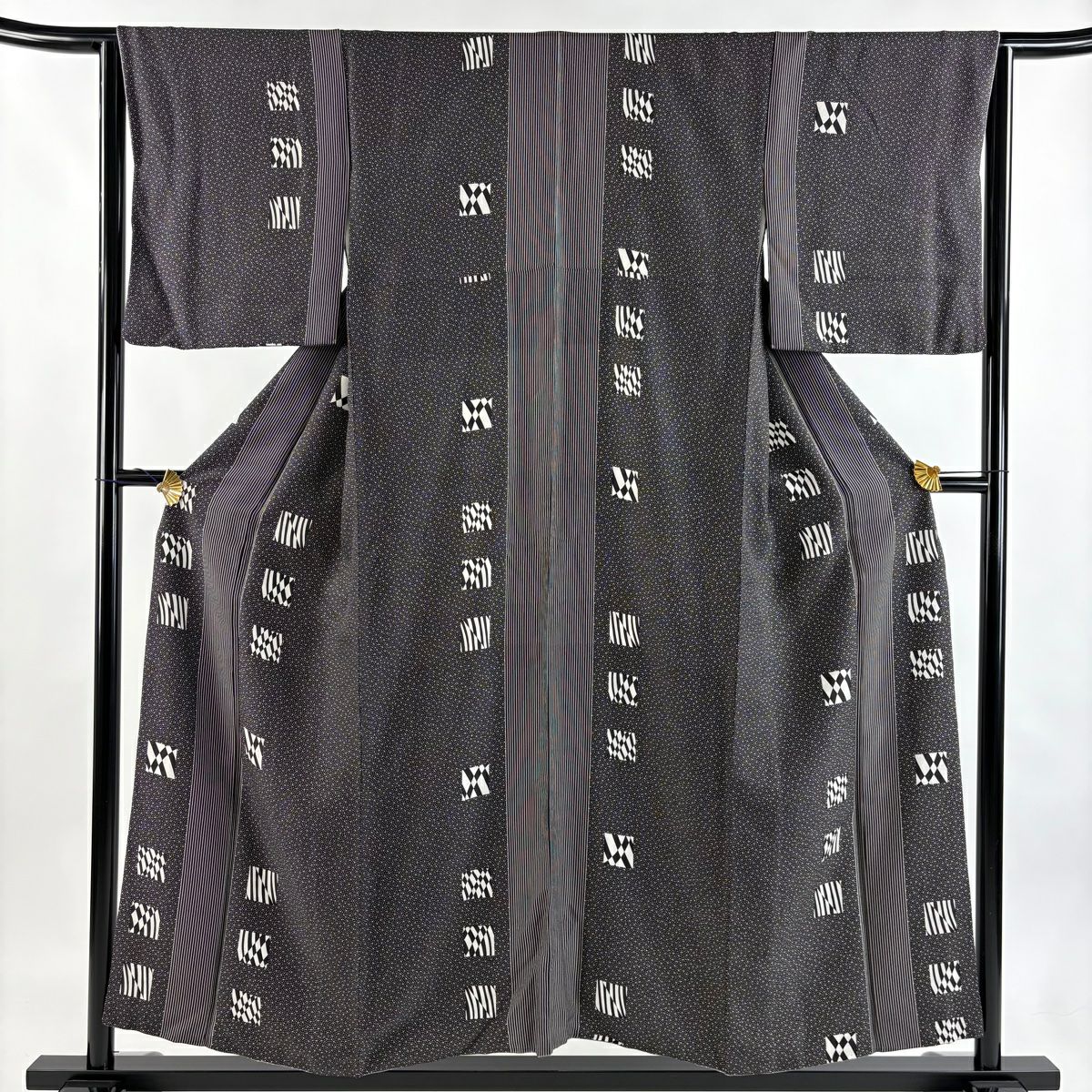 【美品】 小紋 身長154cm 袖長65cm M 雙層 縱條紋 幾何圖案 墨色 純蠶絲 秀品級