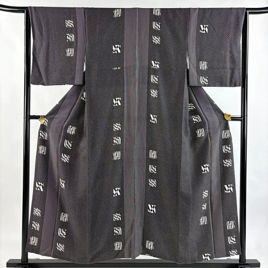 【美品】 小紋 身長154cm 袖長65cm M 雙層 縱條紋 幾何圖案 墨色 純蠶絲 秀品級