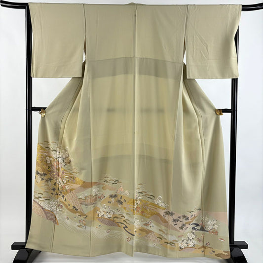 留袖禮服禮服 身長162.5cm 袖長66cm M 雙層 御所車 松樹竹子梅花 金絲 金銀彩 米色 純蠶絲 優品級 一個紋