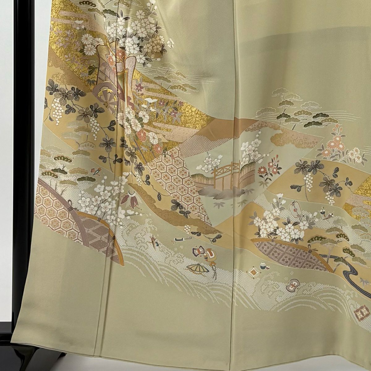 留袖禮服禮服 身長162.5cm 袖長66cm M 雙層 御所車 松樹竹子梅花 金絲 金銀彩 米色 純蠶絲 優品級 一個紋