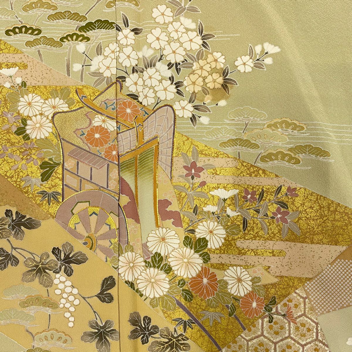 留袖禮服禮服 身長162.5cm 袖長66cm M 雙層 御所車 松樹竹子梅花 金絲 金銀彩 米色 純蠶絲 優品級 一個紋