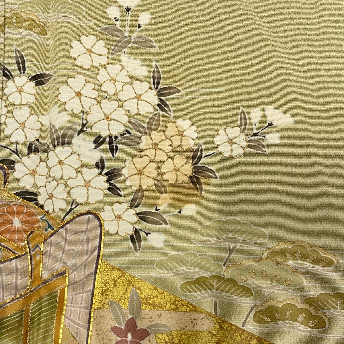 留袖禮服禮服 身長162.5cm 袖長66cm M 雙層 御所車 松樹竹子梅花 金絲 金銀彩 米色 純蠶絲 優品級 一個紋