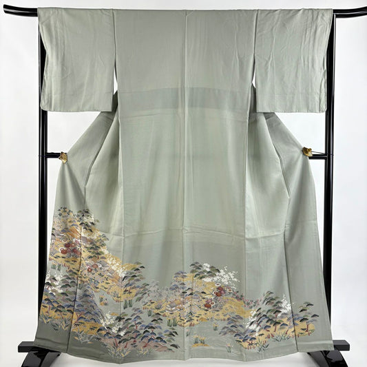 【美品】 留袖禮服禮服 身長162cm 袖長66.5cm M 雙層 家屋 松樹竹子梅花 金絲 金銀彩 灰綠 純蠶絲 秀品級