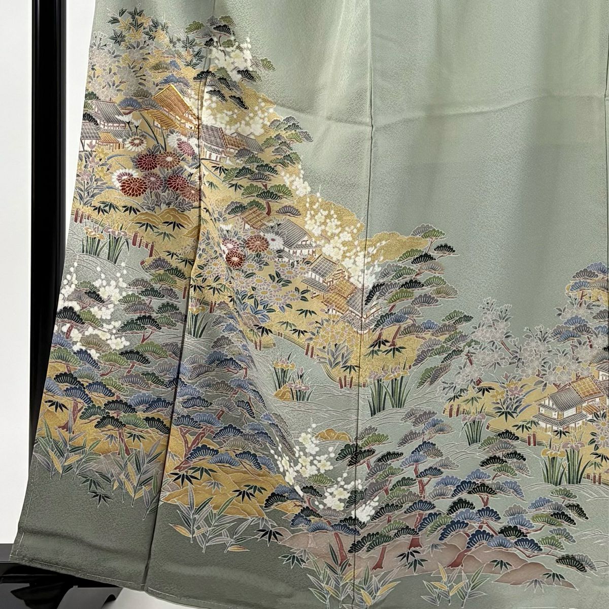 【美品】 留袖禮服禮服 身長162cm 袖長66.5cm M 雙層 家屋 松樹竹子梅花 金絲 金銀彩 灰綠 純蠶絲 秀品級