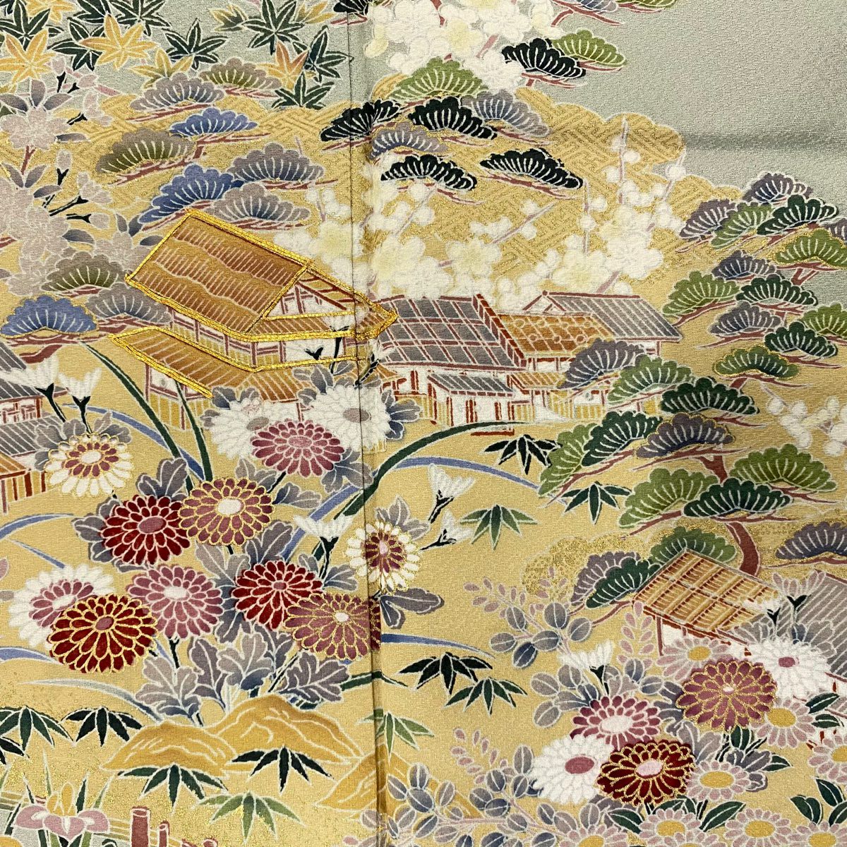 【美品】 留袖禮服禮服 身長162cm 袖長66.5cm M 雙層 家屋 松樹竹子梅花 金絲 金銀彩 灰綠 純蠶絲 秀品級