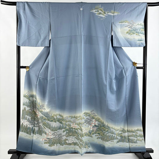 訪問服 身長159cm 袖長66.5cm M 雙層 建物 樹木 漸層 青灰 純蠶絲 秀品級 一個紋