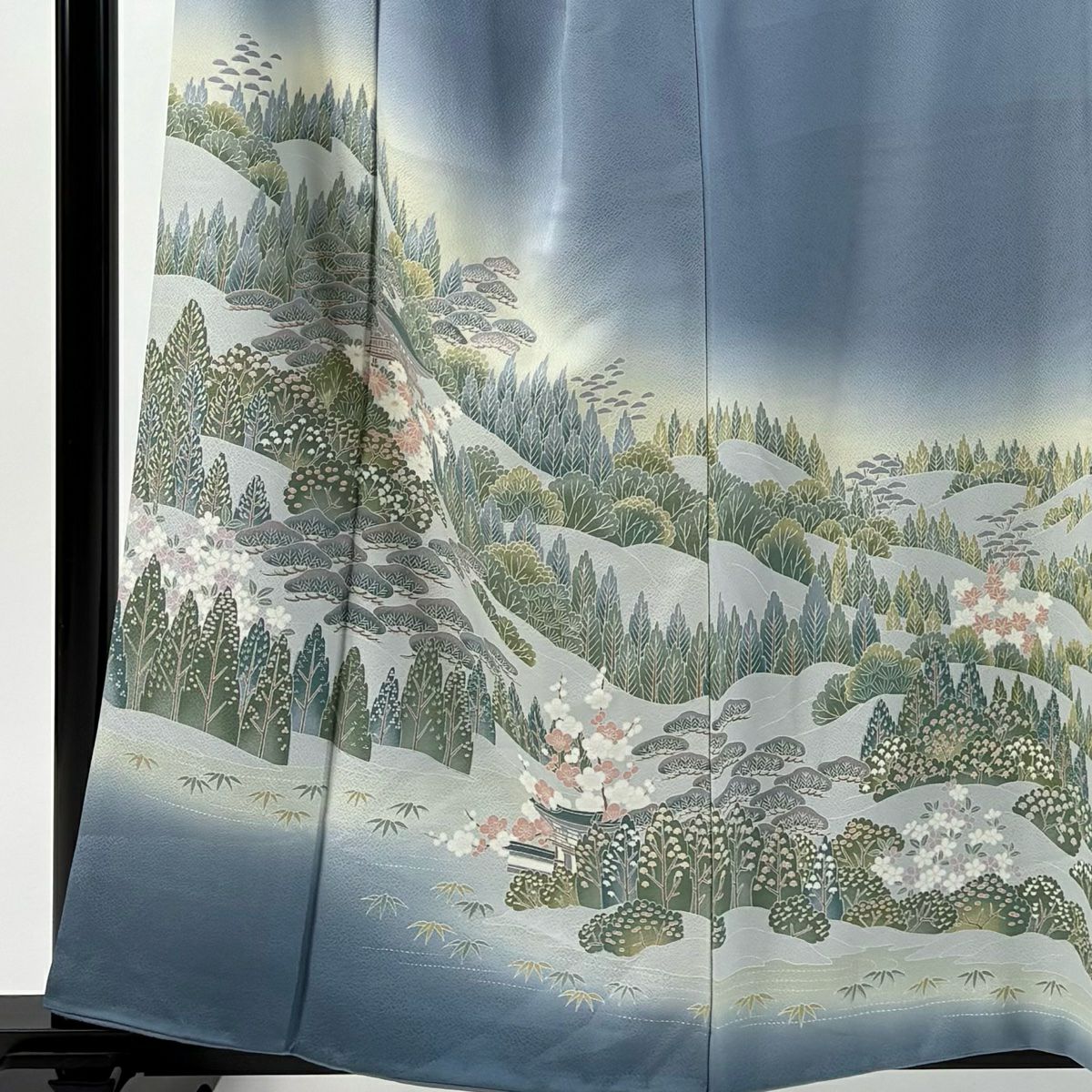 訪問服 身長159cm 袖長66.5cm M 雙層 建物 樹木 漸層 青灰 純蠶絲 秀品級 一個紋