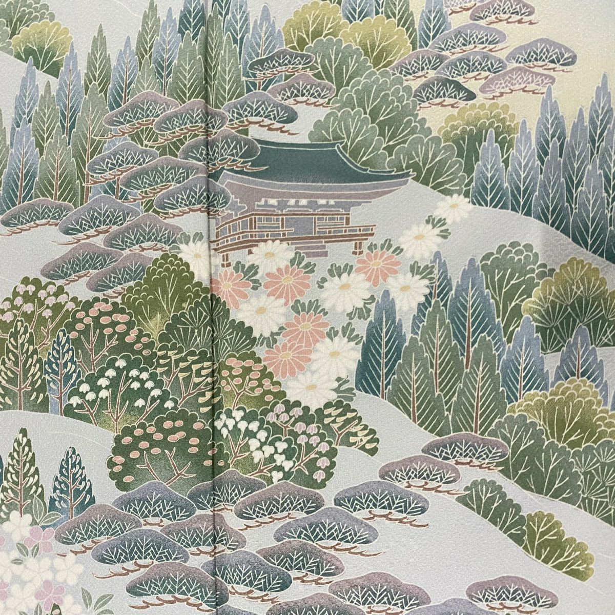 訪問服 身長159cm 袖長66.5cm M 雙層 建物 樹木 漸層 青灰 純蠶絲 秀品級 一個紋