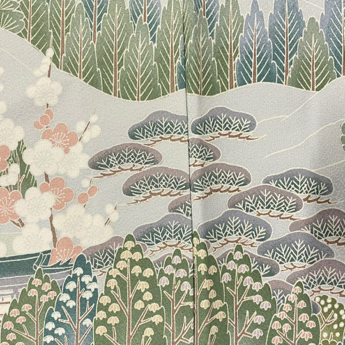 訪問服 身長159cm 袖長66.5cm M 雙層 建物 樹木 漸層 青灰 純蠶絲 秀品級 一個紋