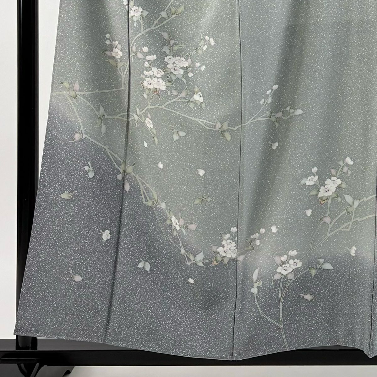 訪問服 身長157cm 袖長63cm S 雙層 落款あり 枝花 漸層 灰綠 純蠶絲 優品級