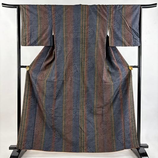 【美品】 紬織 身長164cm 袖長64cm M 雙層 草花紋紋 流水 青紫 純蠶絲 秀品級