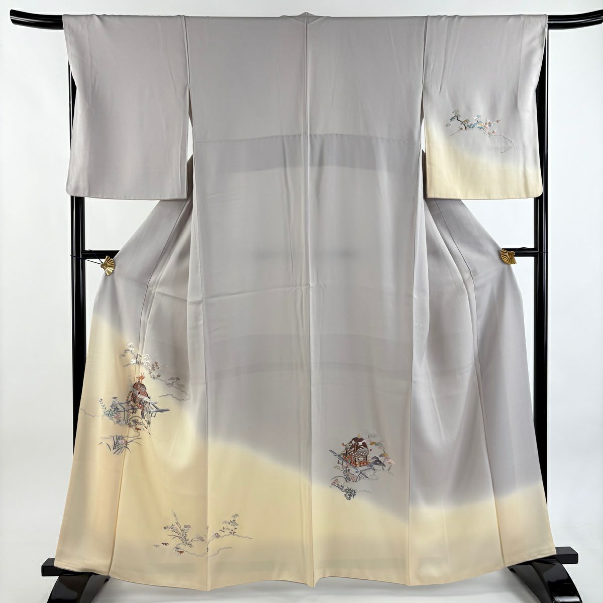 付下 身長161cm 袖長66cm M 雙層 神輿 人物 刺繡 染分 灰 純蠶絲 秀品級