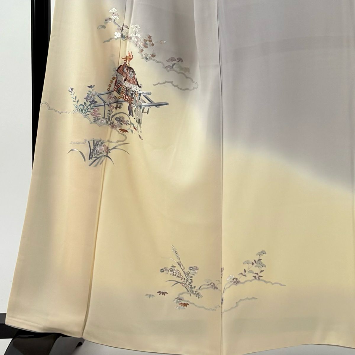 付下 身長161cm 袖長66cm M 雙層 神輿 人物 刺繡 染分 灰 純蠶絲 秀品級