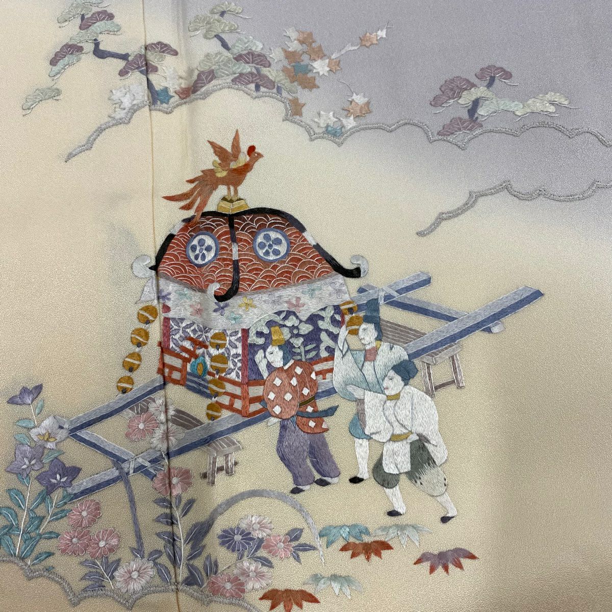 付下 身長161cm 袖長66cm M 雙層 神輿 人物 刺繡 染分 灰 純蠶絲 秀品級