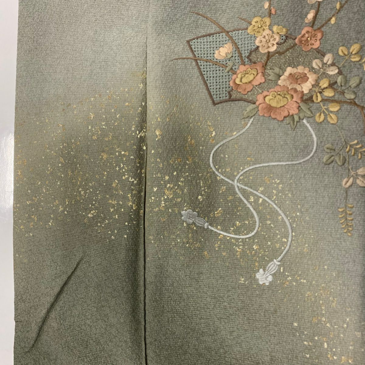 付下 身長156cm 袖長62cm S 雙層 錢絵 梅花 金彩裝飾 刺繡 灰綠 純蠶絲 秀品級