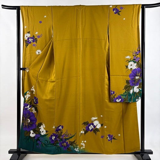 振袖禮服 身長158cm 袖長63.5cm S 雙層 草花紋紋 金彩裝飾 黃土 純蠶絲 秀品級