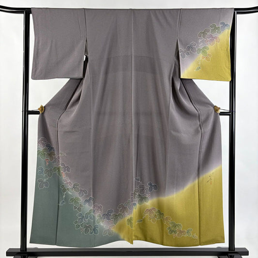 訪問服 身長153.5cm 袖長63.5cm S 雙層 落款 葡萄 唐草紋 染分 ぼかし 紫 純蠶絲 秀品級
