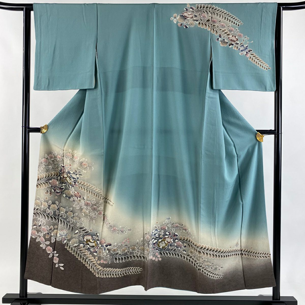 訪問服 身長151.5cm 袖長62cm S 雙層 草花紋紋 金彩裝飾 漸層 灰綠 純蠶絲 優品級
