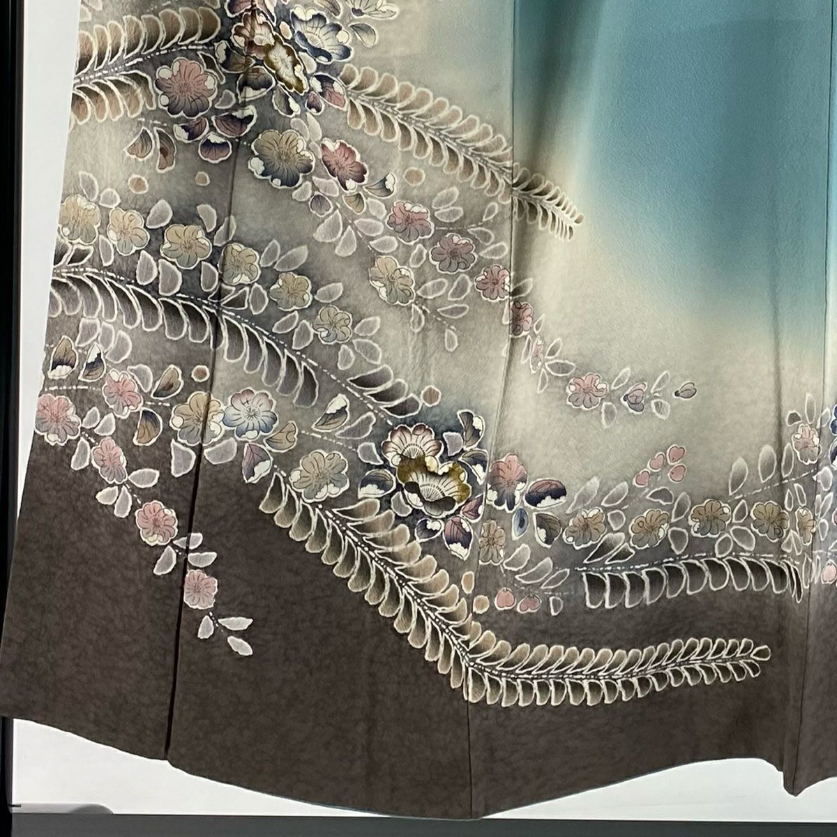 訪問服 身長151.5cm 袖長62cm S 雙層 草花紋紋 金彩裝飾 漸層 灰綠 純蠶絲 優品級