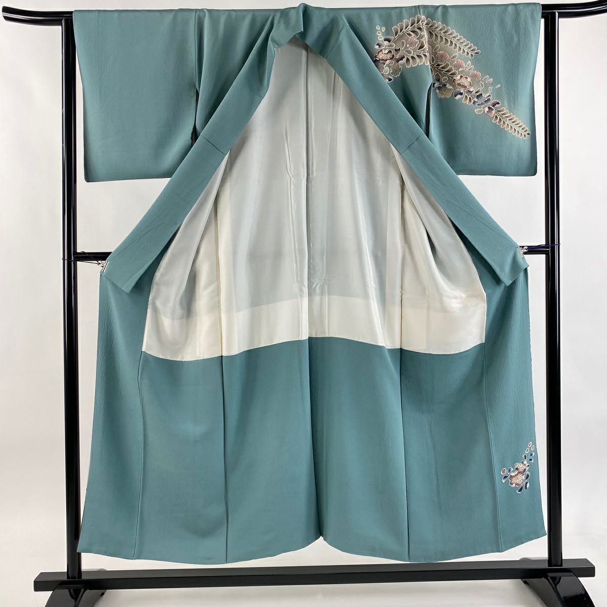 訪問服 身長151.5cm 袖長62cm S 雙層 草花紋紋 金彩裝飾 漸層 灰綠 純蠶絲 優品級