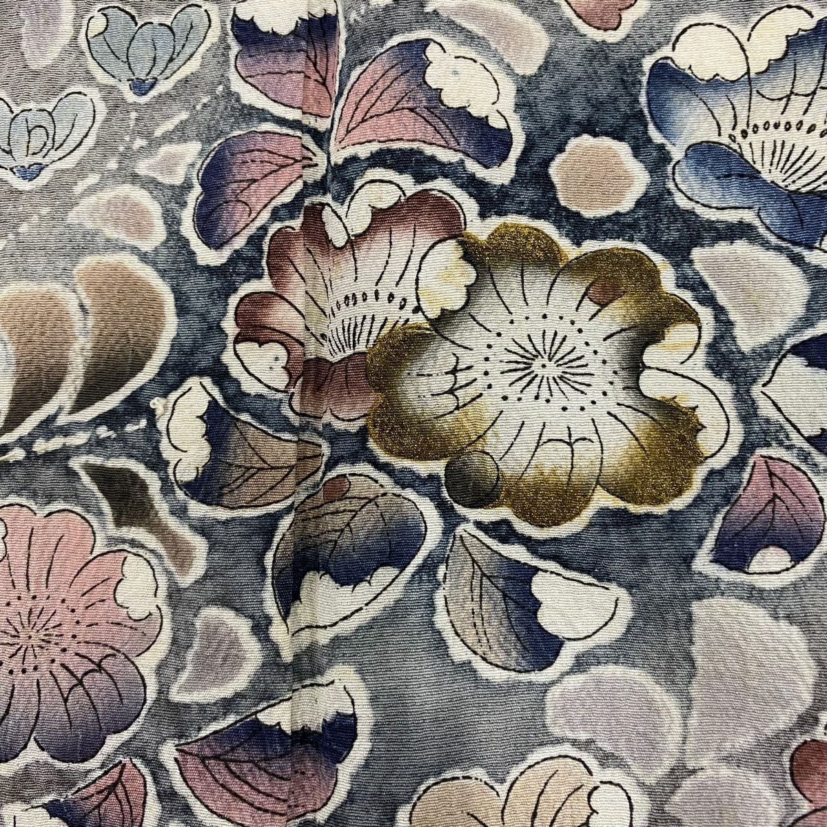 訪問服 身長151.5cm 袖長62cm S 雙層 草花紋紋 金彩裝飾 漸層 灰綠 純蠶絲 優品級