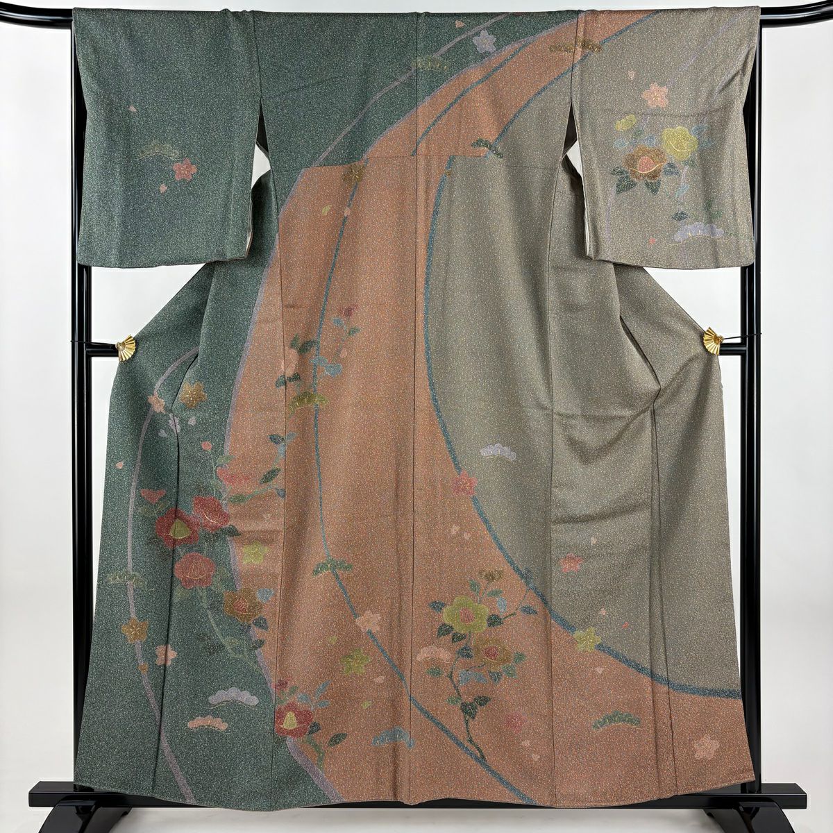 訪問服 身長159cm 袖長67cm M 雙層 椿 笠松樹 金彩裝飾 染分 深綠 純蠶絲 秀品級