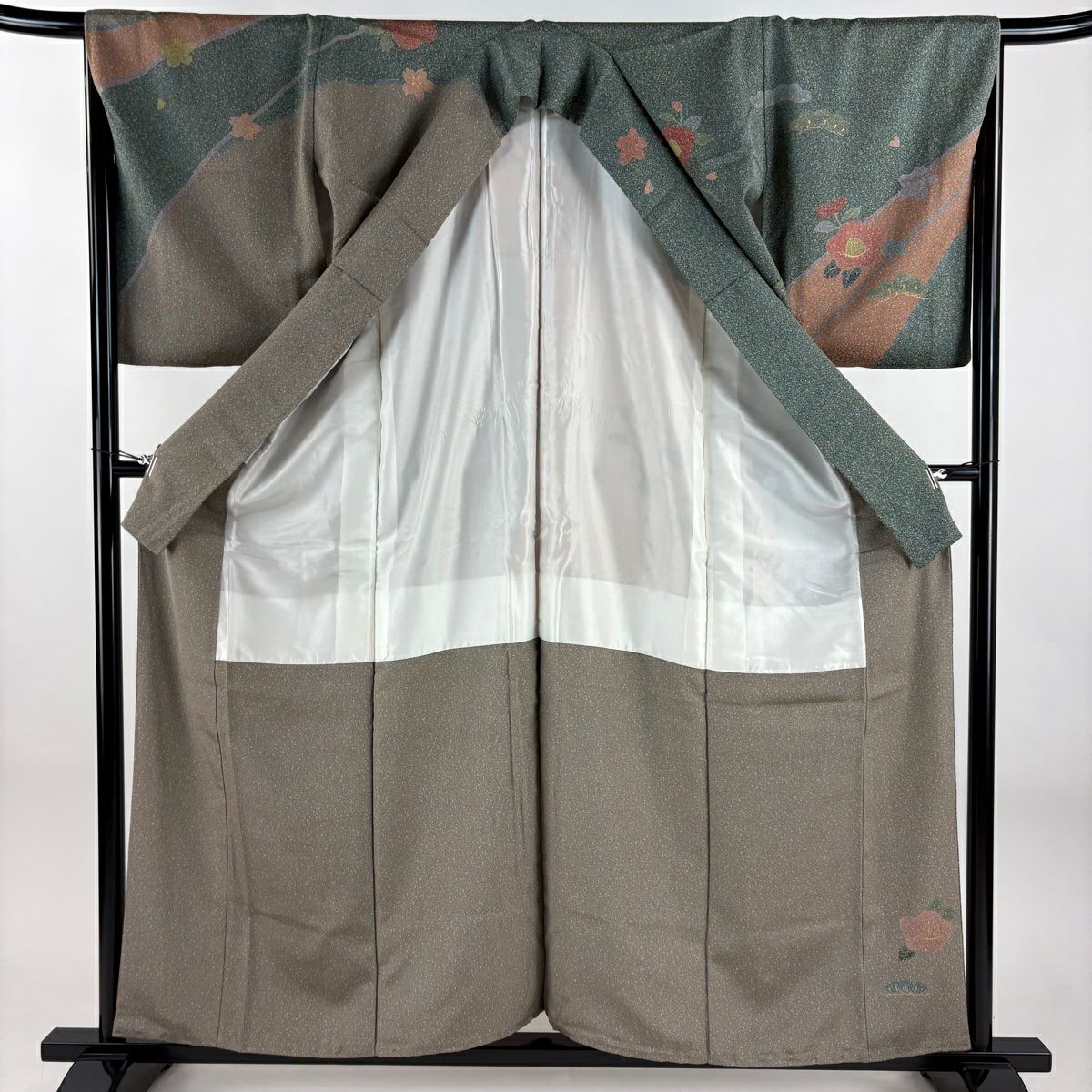 訪問服 身長159cm 袖長67cm M 雙層 椿 笠松樹 金彩裝飾 染分 深綠 純蠶絲 秀品級