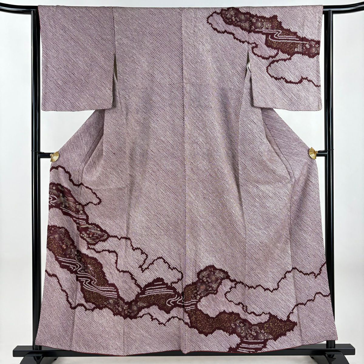 訪問服 身長157.5cm 袖長63cm S 雙層 大和 花 雲紋 刺繡 絞染 深紅 純蠶絲 優品級