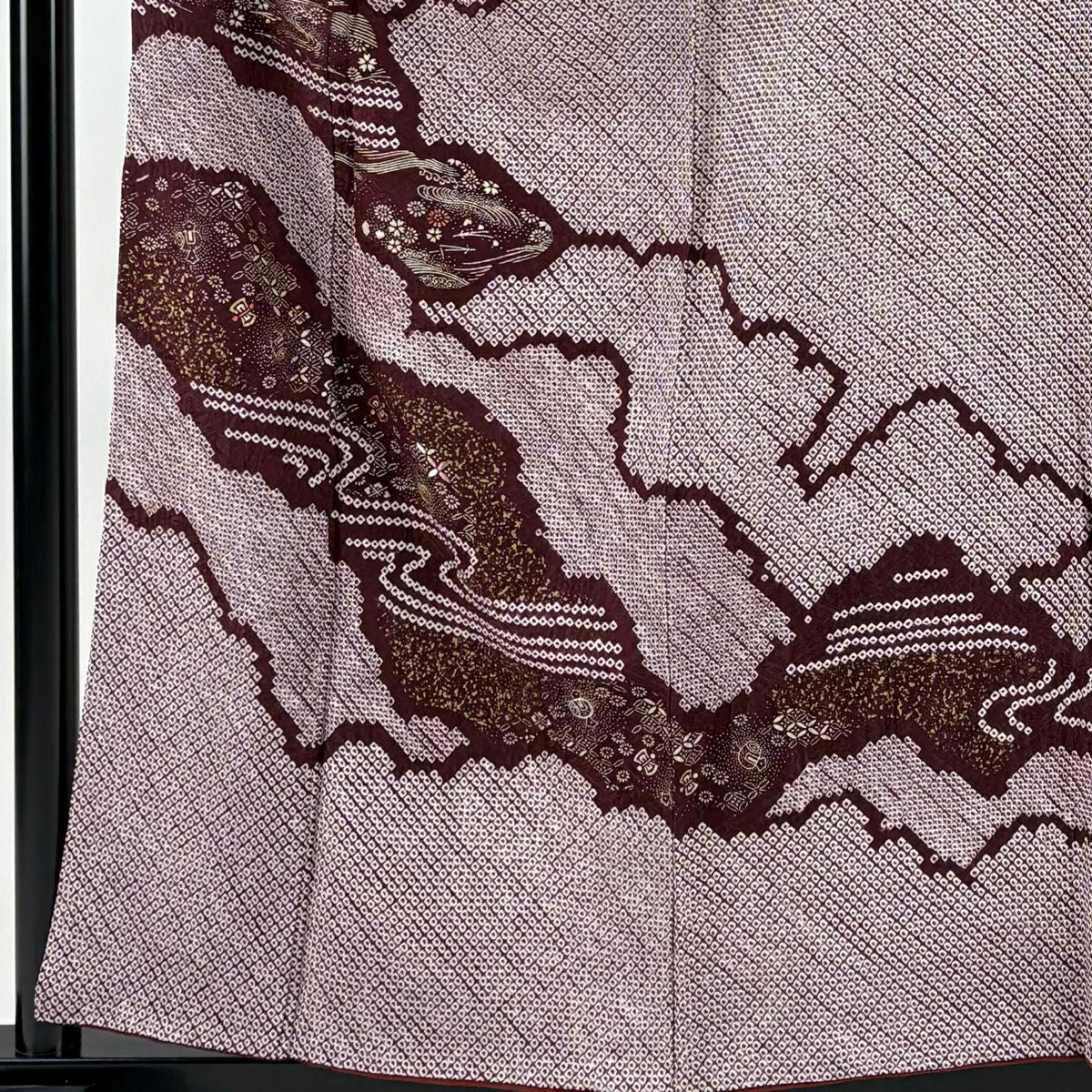 訪問服 身長157.5cm 袖長63cm S 雙層 大和 花 雲紋 刺繡 絞染 深紅 純蠶絲 優品級