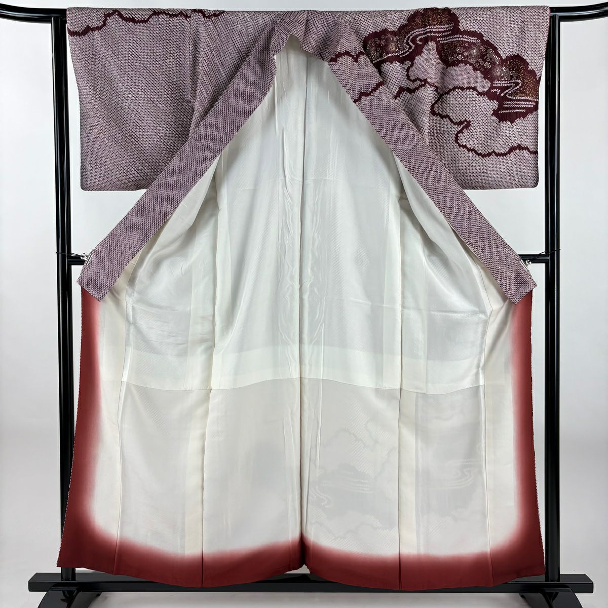 訪問服 身長157.5cm 袖長63cm S 雙層 大和 花 雲紋 刺繡 絞染 深紅 純蠶絲 優品級