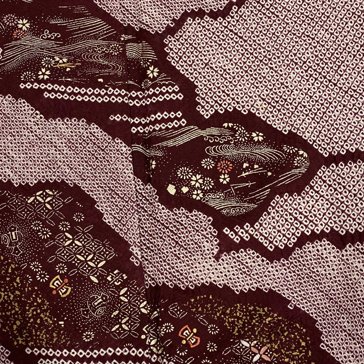 訪問服 身長157.5cm 袖長63cm S 雙層 大和 花 雲紋 刺繡 絞染 深紅 純蠶絲 優品級