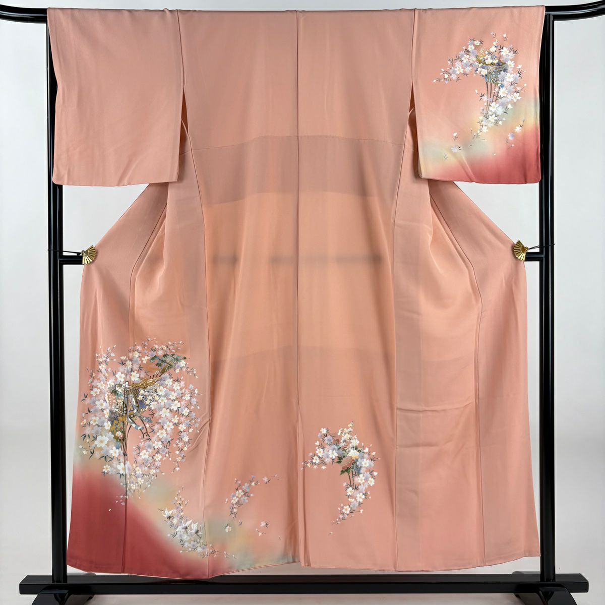 【美品】 付下 身長154.5cm 袖長66cm M 雙層 扇子子 御所車 金銀彩 漸層 粉色 純蠶絲 優品級